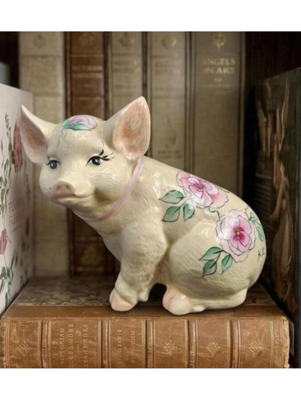 Vtg Hand Painted Floral Ceramic Pig Figurine Nursery Cottagecore Farmhouse Decor